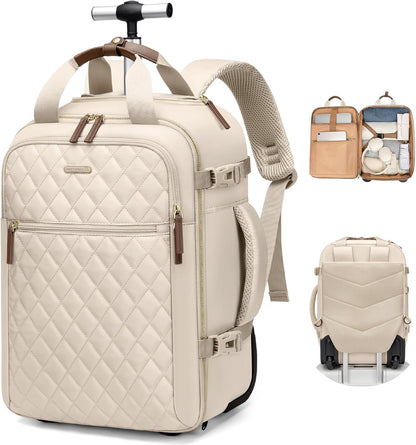 Rolling Backpack for Women,Travel Laptop Backpack with Wheels Roller Wheeled Backpack Underseat Carry On Luggage for Travel Business Trip,Fit 17Inch,Apricot