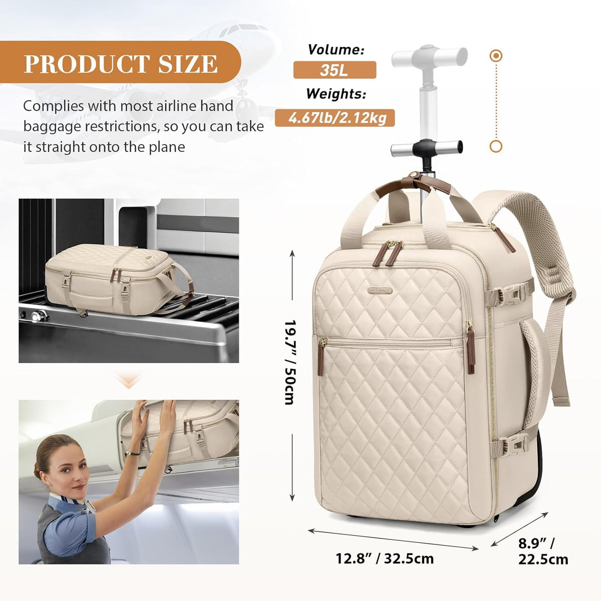Rolling Backpack for Women,Travel Laptop Backpack with Wheels Roller Wheeled Backpack Underseat Carry On Luggage for Travel Business Trip,Fit 17Inch,Apricot