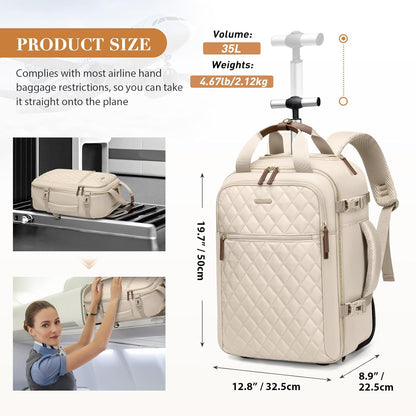 Rolling Backpack for Women,Travel Laptop Backpack with Wheels Roller Wheeled Backpack Underseat Carry On Luggage for Travel Business Trip,Fit 17Inch,Apricot