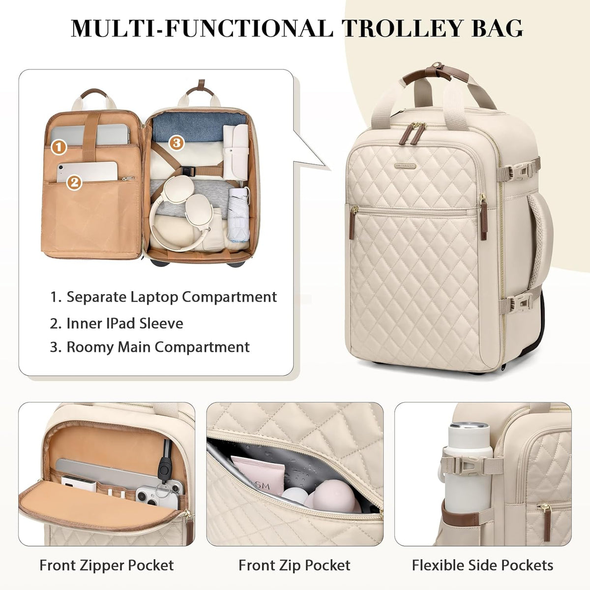 Rolling Backpack for Women,Travel Laptop Backpack with Wheels Roller Wheeled Backpack Underseat Carry On Luggage for Travel Business Trip,Fit 17Inch,Apricot