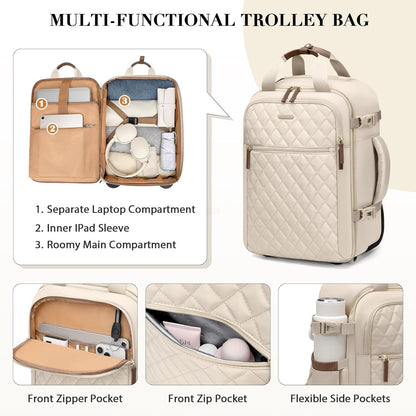 Rolling Backpack for Women,Travel Laptop Backpack with Wheels Roller Wheeled Backpack Underseat Carry On Luggage for Travel Business Trip,Fit 17Inch,Apricot