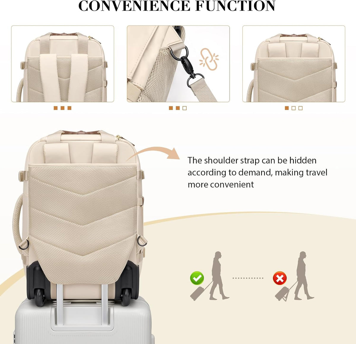 Rolling Backpack for Women,Travel Laptop Backpack with Wheels Roller Wheeled Backpack Underseat Carry On Luggage for Travel Business Trip,Fit 17Inch,Apricot
