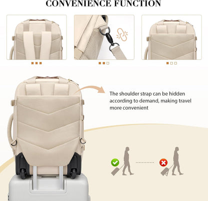 Rolling Backpack for Women,Travel Laptop Backpack with Wheels Roller Wheeled Backpack Underseat Carry On Luggage for Travel Business Trip,Fit 17Inch,Apricot
