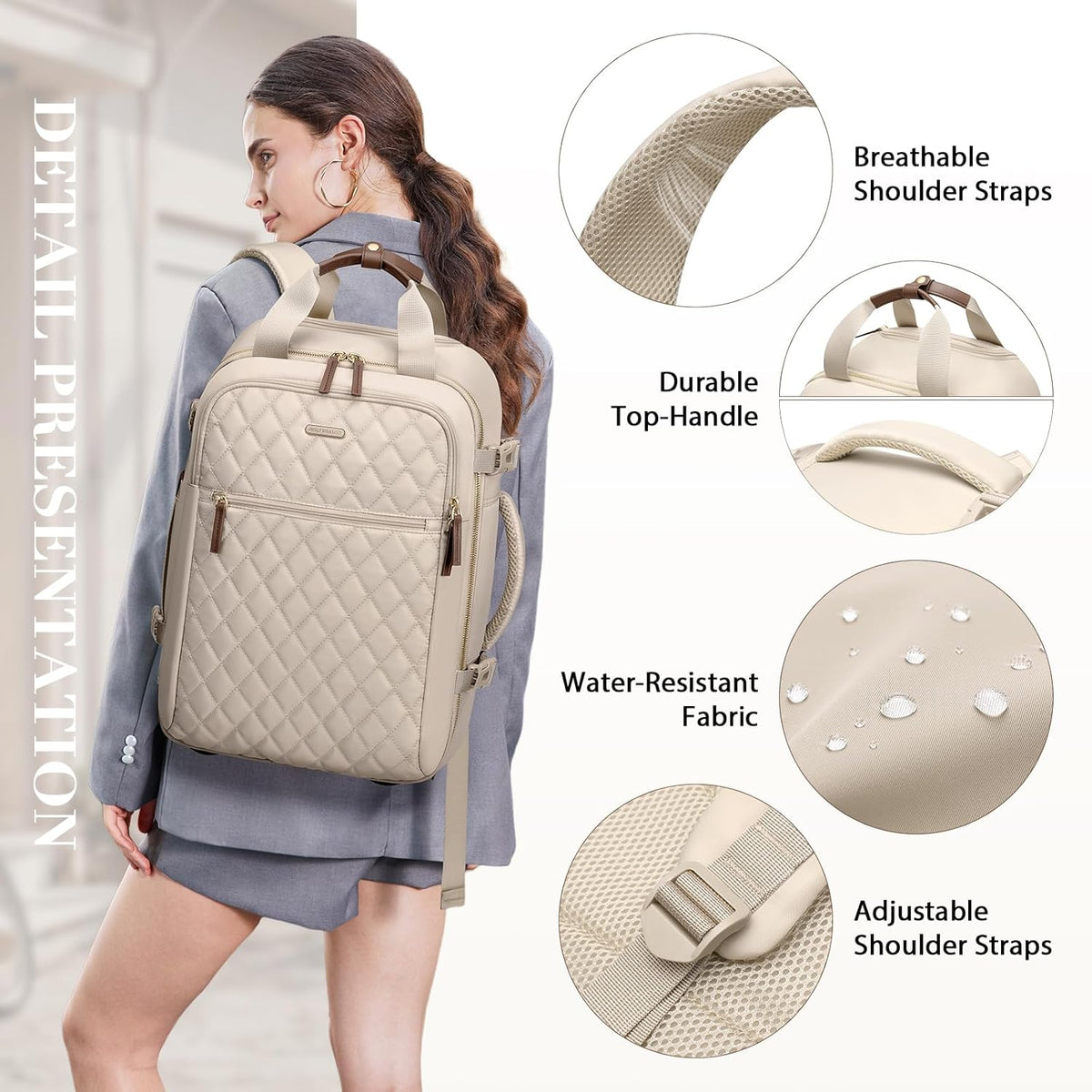 Rolling Backpack for Women,Travel Laptop Backpack with Wheels Roller Wheeled Backpack Underseat Carry On Luggage for Travel Business Trip,Fit 17Inch,Apricot