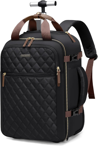 Rolling Backpack for Women,Travel Laptop Backpack with Wheels Roller Wheeled Backpack Underseat Carry On Luggage for Travel Business Trip,Fit 17Inch,Apricot