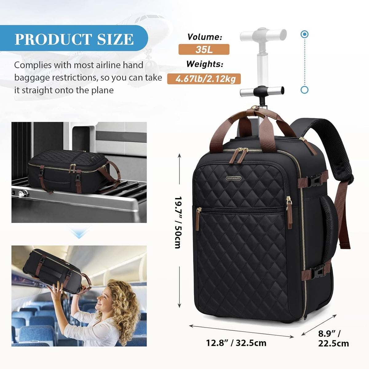 Rolling Backpack for Women,Travel Laptop Backpack with Wheels Roller Wheeled Backpack Underseat Carry On Luggage for Travel Business Trip,Fit 17Inch,Apricot