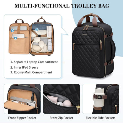 Rolling Backpack for Women,Travel Laptop Backpack with Wheels Roller Wheeled Backpack Underseat Carry On Luggage for Travel Business Trip,Fit 17Inch,Apricot