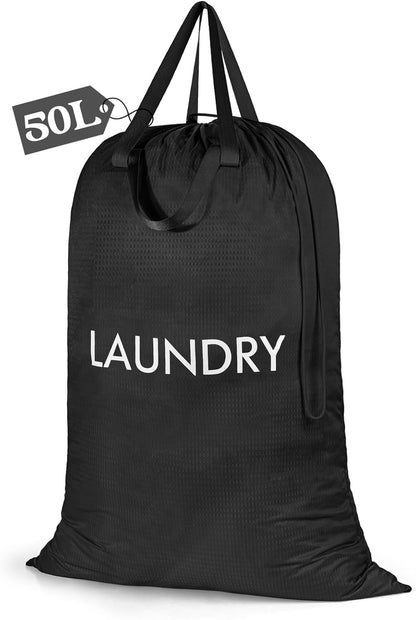 50L Laundry Bag with Handles, Dirty Clothes Storage Bag with Drawstring | Machine Washable Nylon, Waterproof, Foldable & Space-Saving for College Dorm, Camp, Trips, Cruise, Medium, Navy Blue