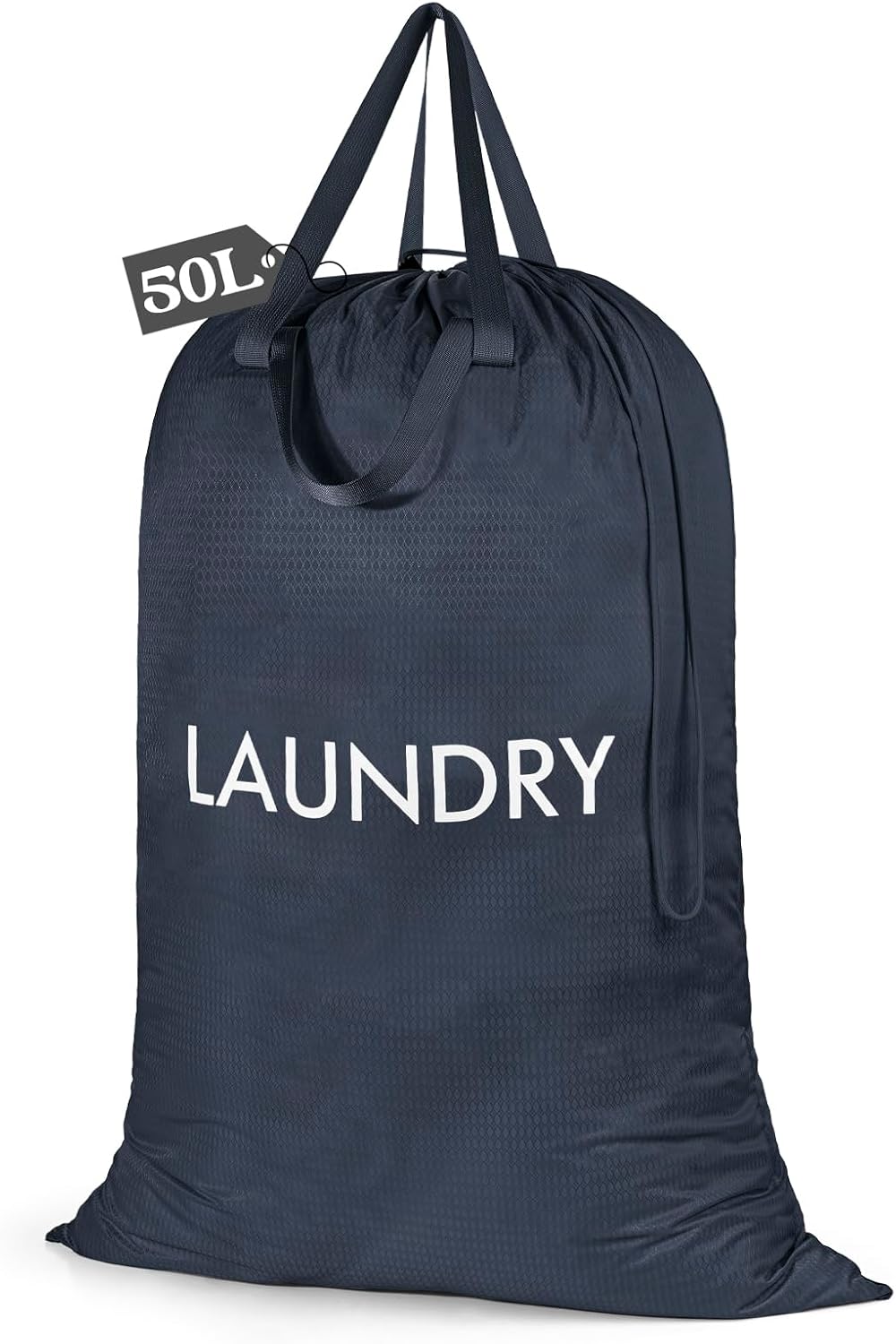 50L Laundry Bag with Handles, Dirty Clothes Storage Bag with Drawstring | Machine Washable Nylon, Waterproof, Foldable & Space-Saving for College Dorm, Camp, Trips, Cruise, Medium, Navy Blue