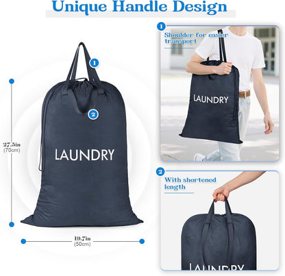 50L Laundry Bag with Handles, Dirty Clothes Storage Bag with Drawstring | Machine Washable Nylon, Waterproof, Foldable & Space-Saving for College Dorm, Camp, Trips, Cruise, Medium, Navy Blue
