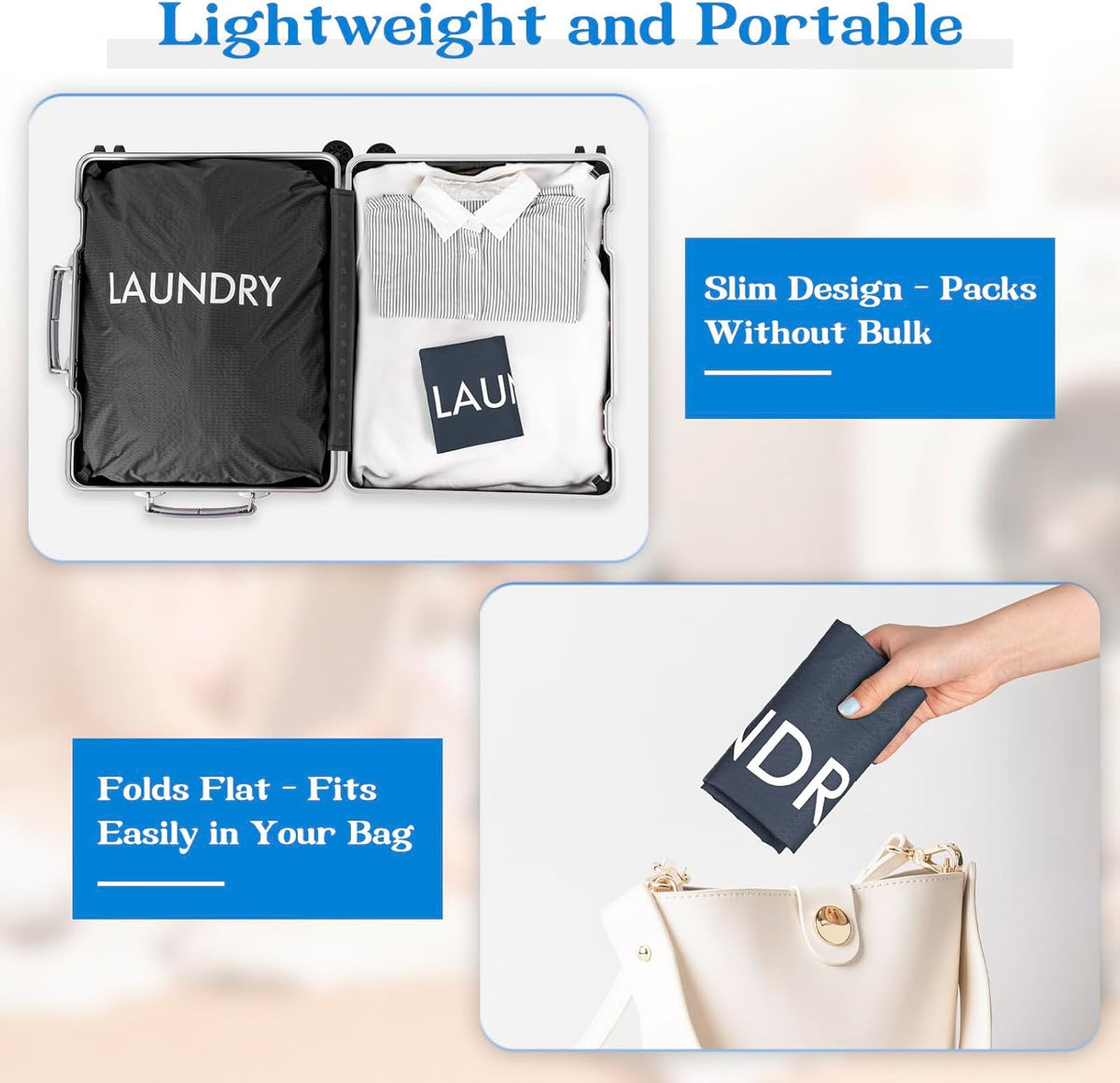 50L Laundry Bag with Handles, Dirty Clothes Storage Bag with Drawstring | Machine Washable Nylon, Waterproof, Foldable & Space-Saving for College Dorm, Camp, Trips, Cruise, Medium, Navy Blue