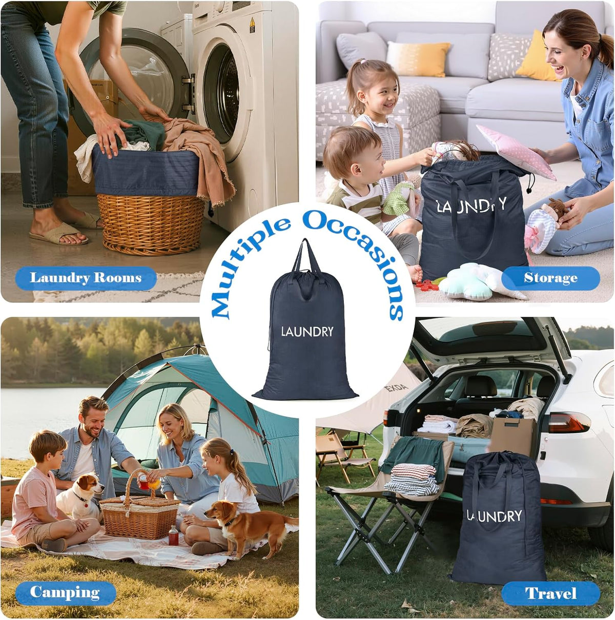 50L Laundry Bag with Handles, Dirty Clothes Storage Bag with Drawstring | Machine Washable Nylon, Waterproof, Foldable & Space-Saving for College Dorm, Camp, Trips, Cruise, Medium, Navy Blue