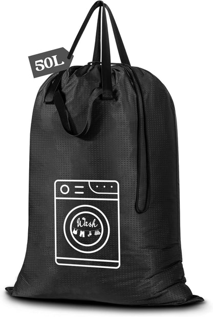50L Laundry Bag with Handles, Dirty Clothes Storage Bag with Drawstring | Machine Washable Nylon, Waterproof, Foldable & Space-Saving for College Dorm, Camp, Trips, Cruise, Medium, Navy Blue