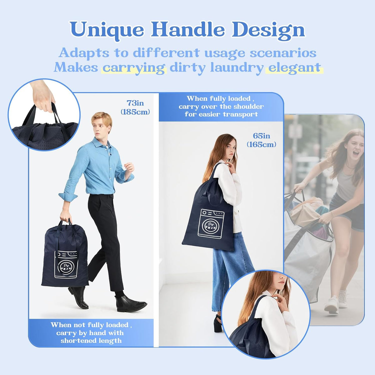 50L Laundry Bag with Handles, Dirty Clothes Storage Bag with Drawstring | Machine Washable Nylon, Waterproof, Foldable & Space-Saving for College Dorm, Camp, Trips, Cruise, Medium, Navy Blue