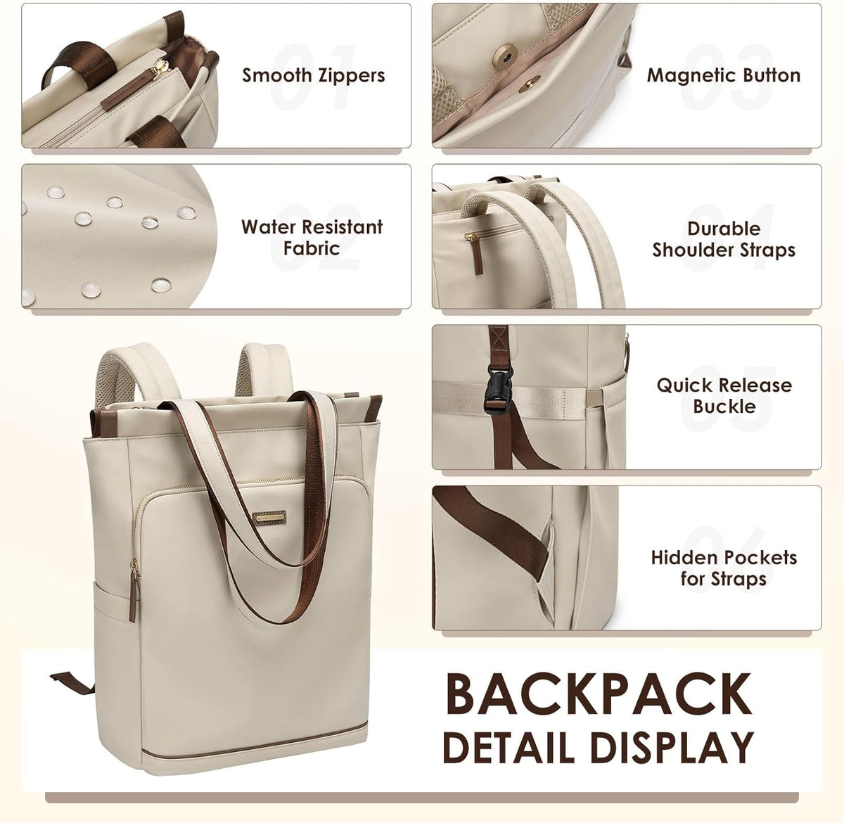 Convertible Laptop Backpack for Women Casual Daypack Notebook Tote Bag for Work College Travel Leisure (Black)