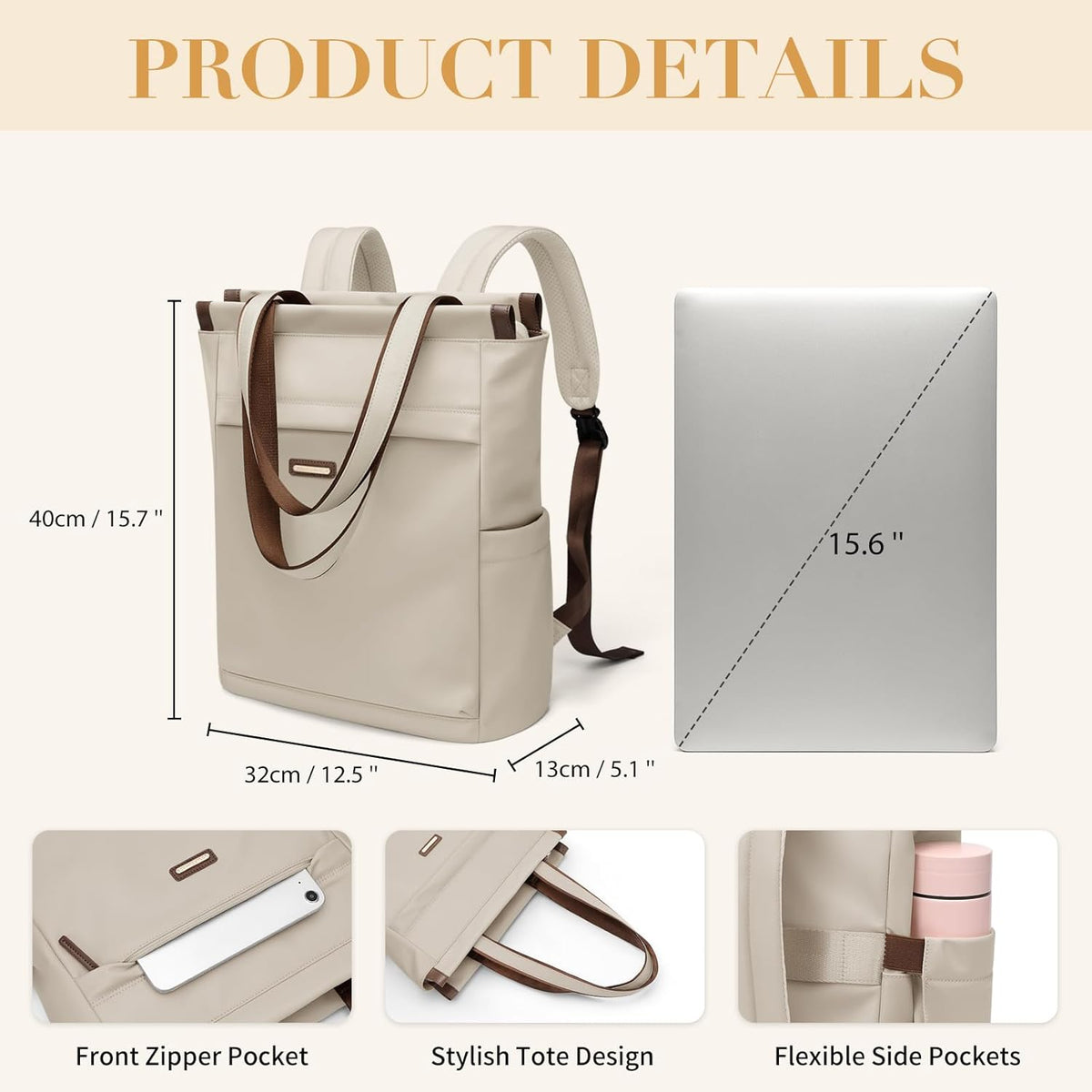 Convertible Laptop Backpack for Women Casual Daypack Notebook Tote Bag for Work College Travel Leisure (Black)
