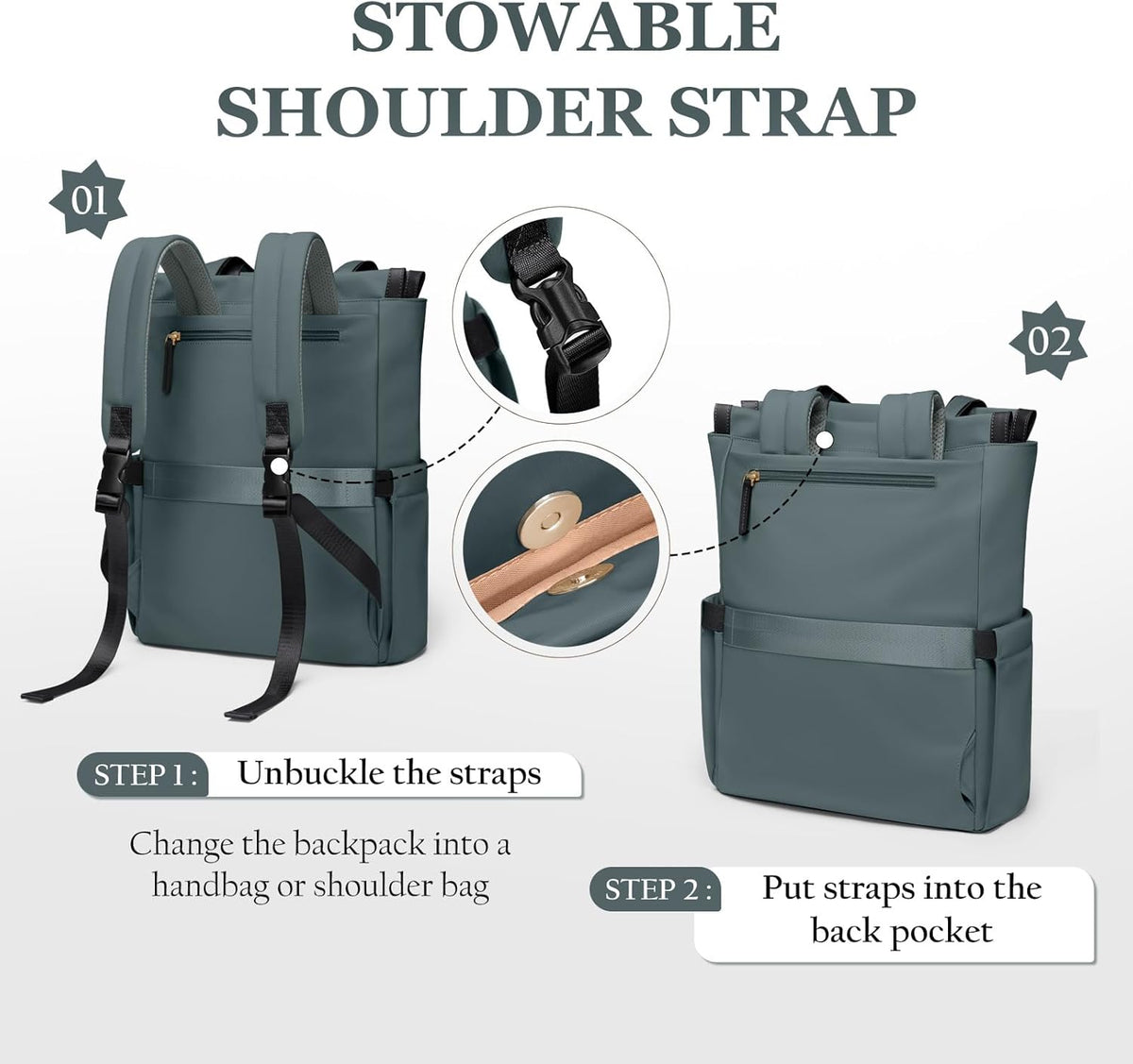 Convertible Laptop Backpack for Women Casual Daypack Notebook Tote Bag for Work College Travel Leisure (Black)