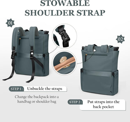 Convertible Laptop Backpack for Women Casual Daypack Notebook Tote Bag for Work College Travel Leisure (Black)