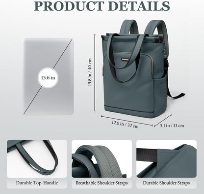 Convertible Laptop Backpack for Women Casual Daypack Notebook Tote Bag for Work College Travel Leisure (Black)