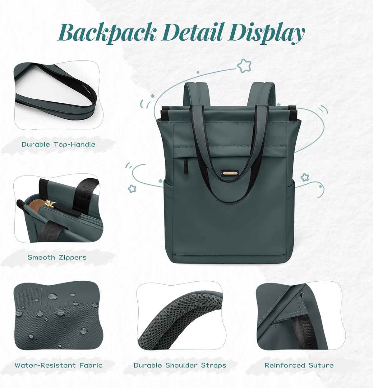 Convertible Laptop Backpack for Women Casual Daypack Notebook Tote Bag for Work College Travel Leisure (Black)