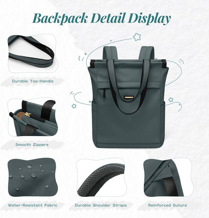 Convertible Laptop Backpack for Women Casual Daypack Notebook Tote Bag for Work College Travel Leisure (Black)