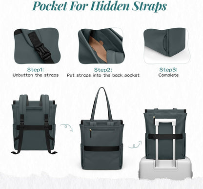 Convertible Laptop Backpack for Women Casual Daypack Notebook Tote Bag for Work College Travel Leisure (Black)