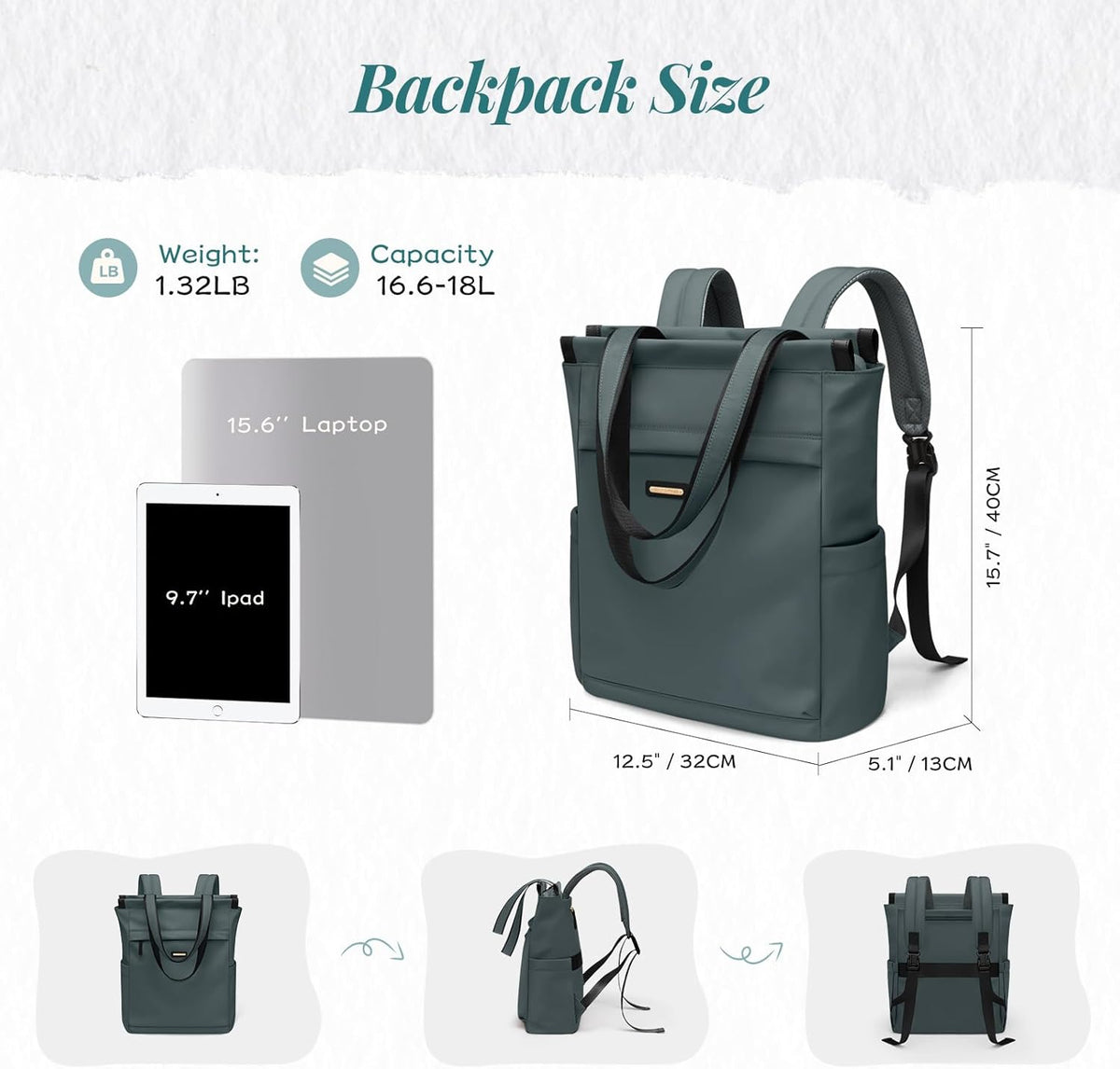 Convertible Laptop Backpack for Women Casual Daypack Notebook Tote Bag for Work College Travel Leisure (Black)