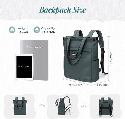 Convertible Laptop Backpack for Women Casual Daypack Notebook Tote Bag for Work College Travel Leisure (Black)