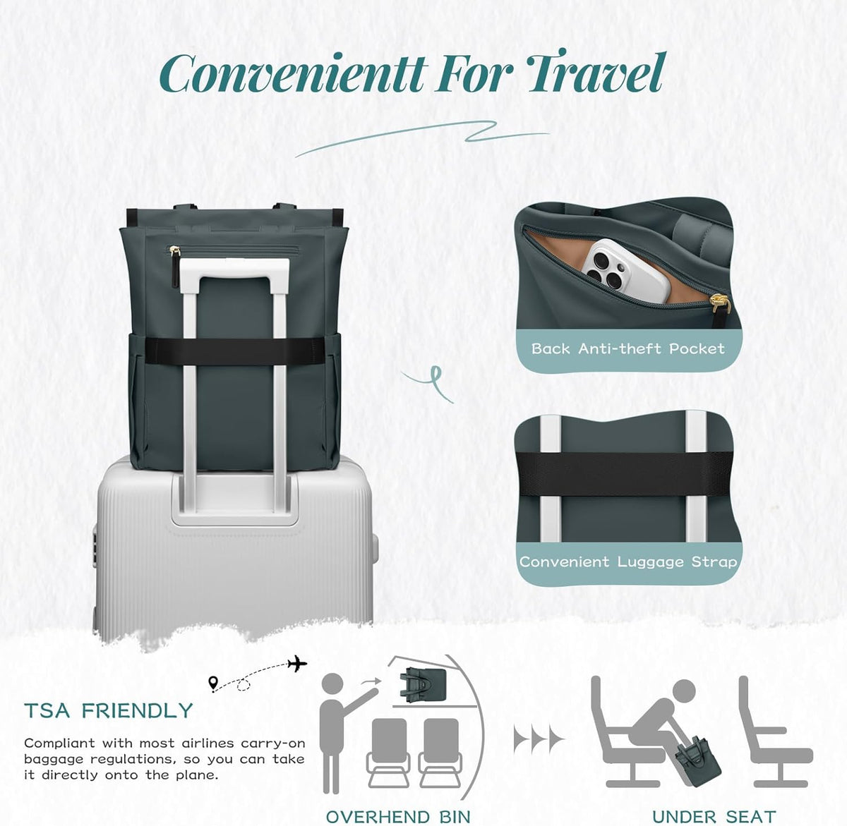 Convertible Laptop Backpack for Women Casual Daypack Notebook Tote Bag for Work College Travel Leisure (Black)