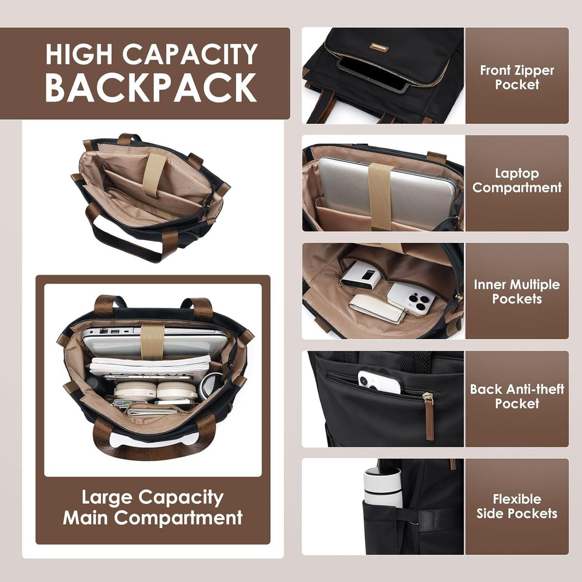 Convertible Laptop Backpack for Women Casual Daypack Notebook Tote Bag for Work College Travel Leisure (Black)