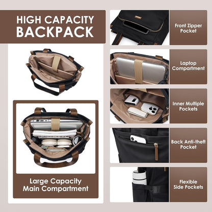 Convertible Laptop Backpack for Women Casual Daypack Notebook Tote Bag for Work College Travel Leisure (Black)