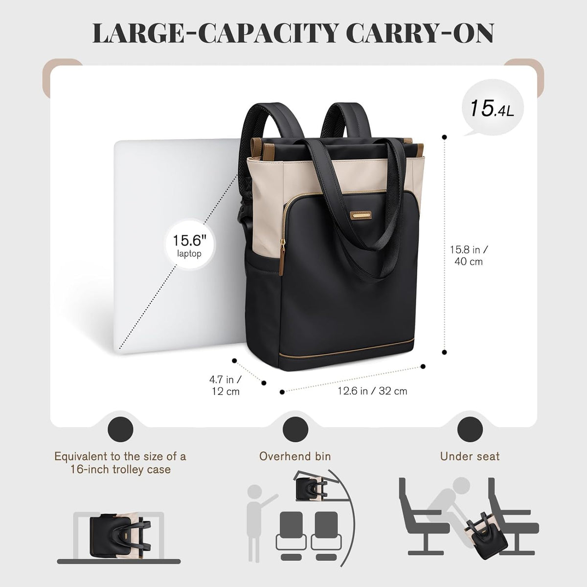 Convertible Laptop Backpack for Women Casual Daypack Notebook Tote Bag for Work College Travel Leisure (Black)