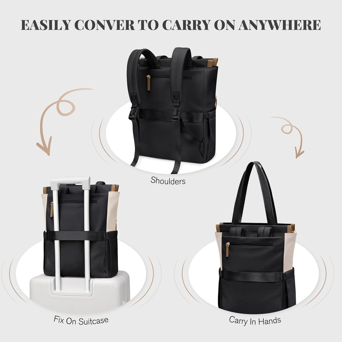 Convertible Laptop Backpack for Women Casual Daypack Notebook Tote Bag for Work College Travel Leisure (Black)