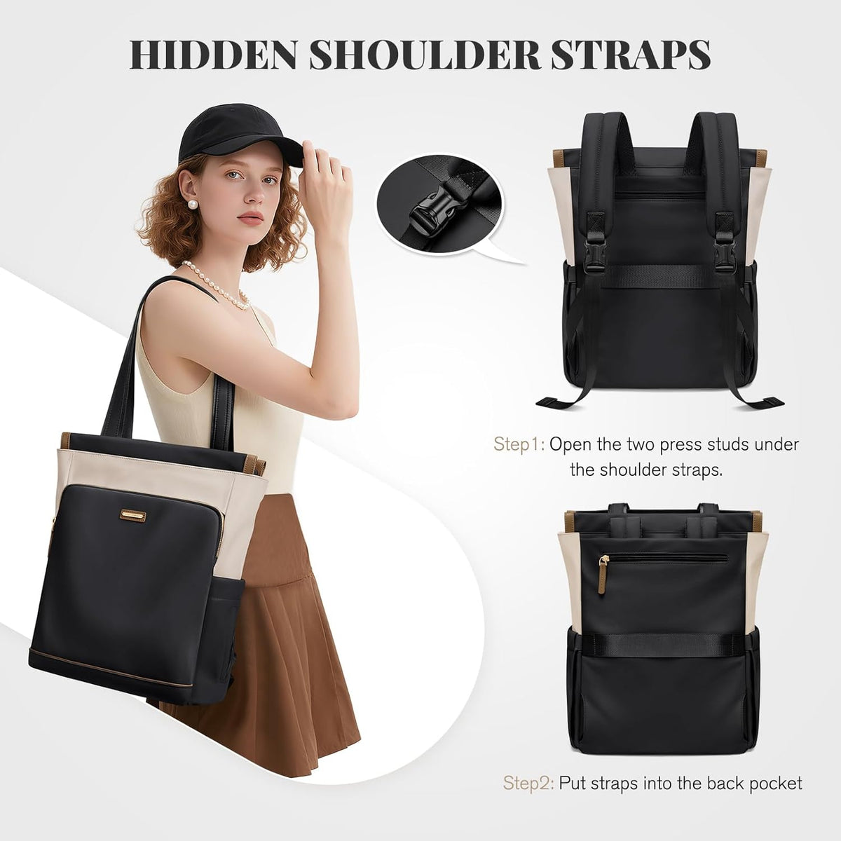 Convertible Laptop Backpack for Women Casual Daypack Notebook Tote Bag for Work College Travel Leisure (Black)