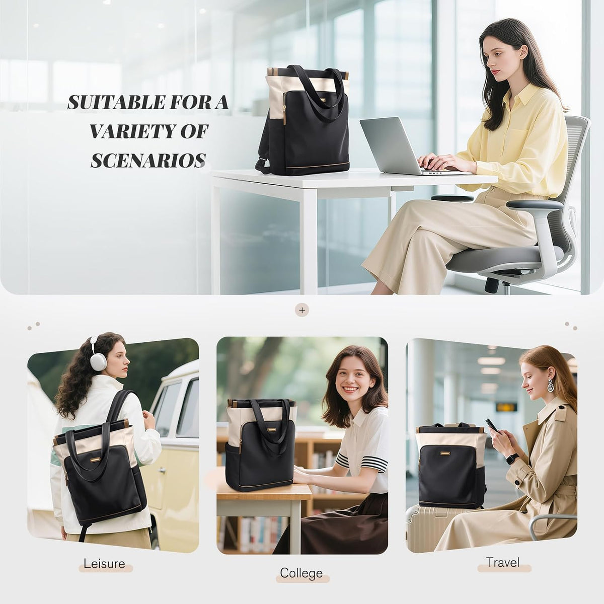 Convertible Laptop Backpack for Women Casual Daypack Notebook Tote Bag for Work College Travel Leisure (Black)