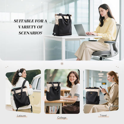 Convertible Laptop Backpack for Women Casual Daypack Notebook Tote Bag for Work College Travel Leisure (Black)