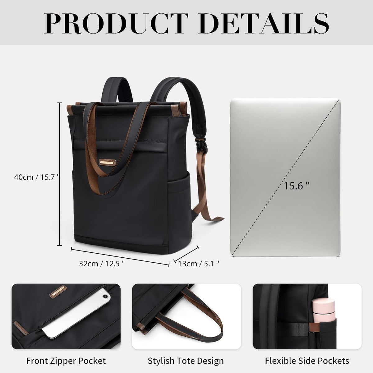 Convertible Laptop Backpack for Women Casual Daypack Notebook Tote Bag for Work College Travel Leisure (Black)