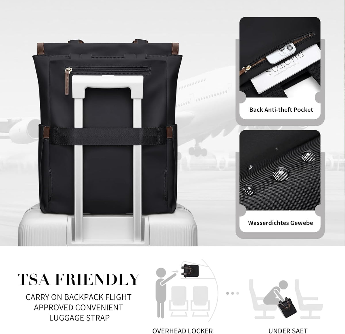 Convertible Laptop Backpack for Women Casual Daypack Notebook Tote Bag for Work College Travel Leisure (Black)