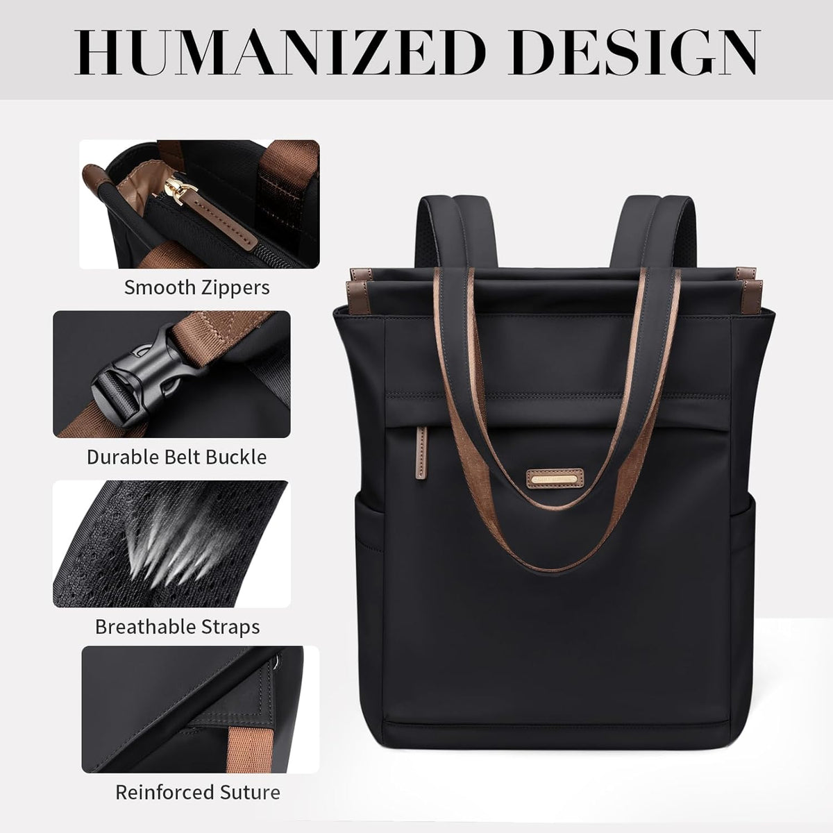 Convertible Laptop Backpack for Women Casual Daypack Notebook Tote Bag for Work College Travel Leisure (Black)