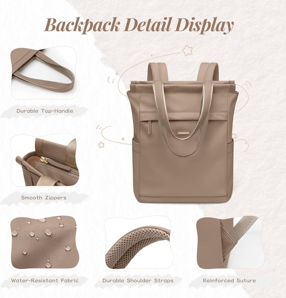Convertible Laptop Backpack for Women Casual Daypack Notebook Tote Bag for Work College Travel Leisure (Black)