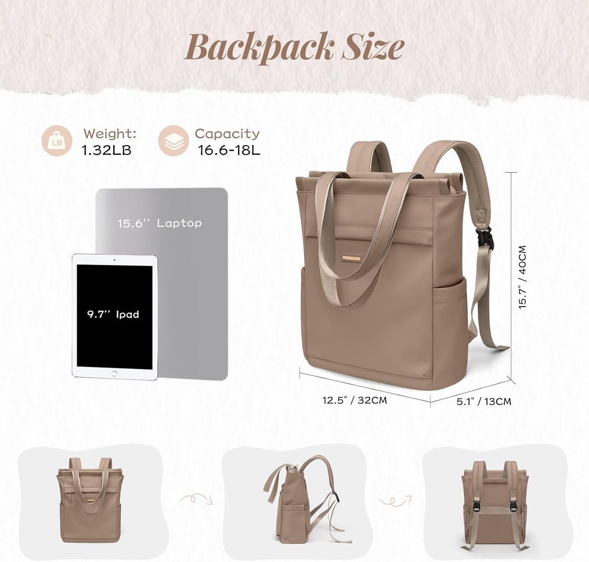 Convertible Laptop Backpack for Women Casual Daypack Notebook Tote Bag for Work College Travel Leisure (Black)