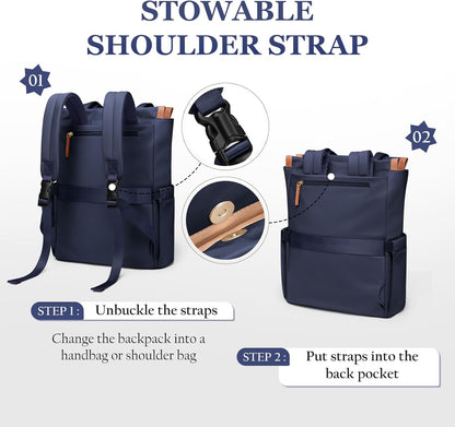 Convertible Laptop Backpack for Women Casual Daypack Notebook Tote Bag for Work College Travel Leisure (Black)