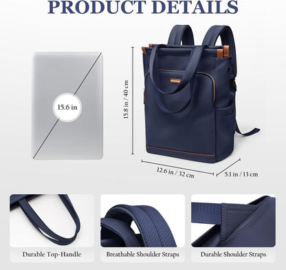 Convertible Laptop Backpack for Women Casual Daypack Notebook Tote Bag for Work College Travel Leisure (Black)