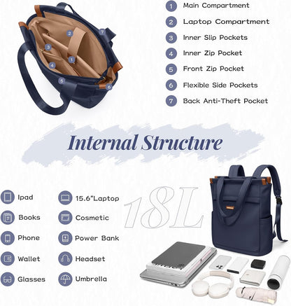 Convertible Laptop Backpack for Women Casual Daypack Notebook Tote Bag for Work College Travel Leisure (Black)