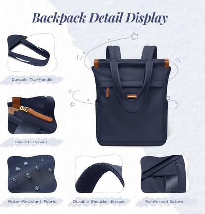 Convertible Laptop Backpack for Women Casual Daypack Notebook Tote Bag for Work College Travel Leisure (Black)