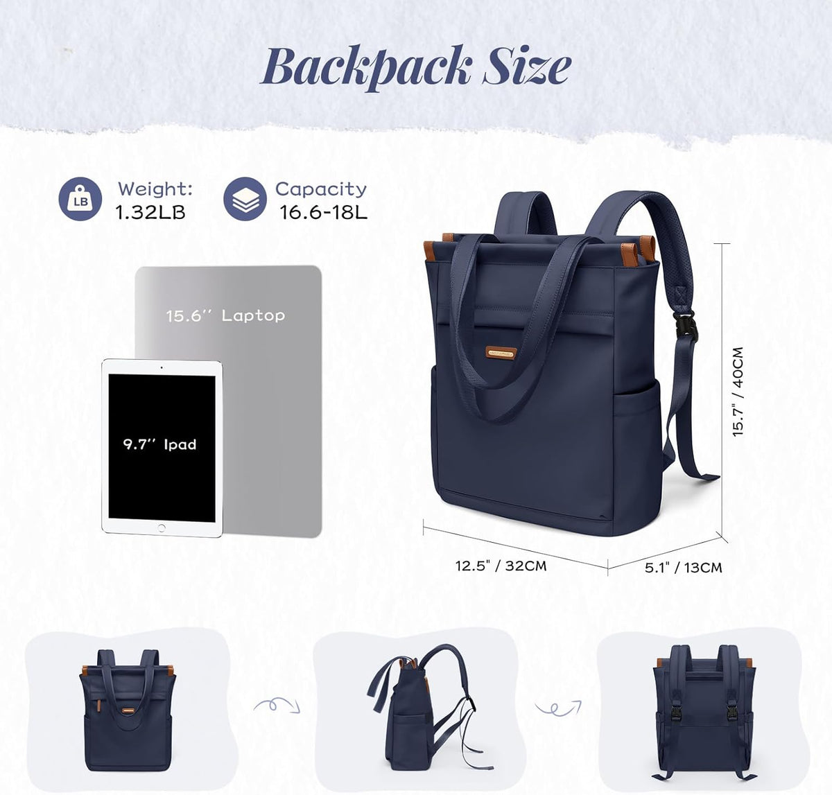 Convertible Laptop Backpack for Women Casual Daypack Notebook Tote Bag for Work College Travel Leisure (Black)