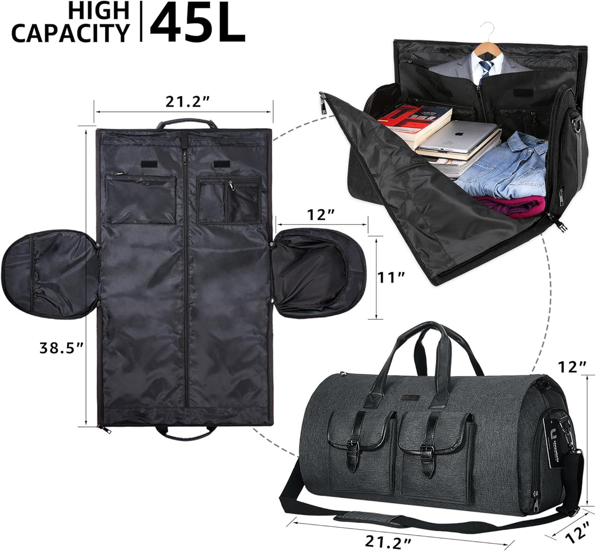 Travel Garment Duffel Bag, 45L Carry on Suit Bag for Men Convertible Foldable Weekend Bag with Shoe Compartment