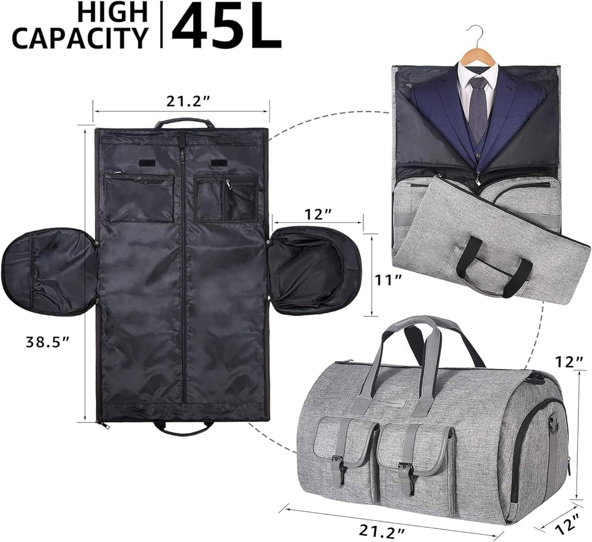 Travel Garment Duffel Bag, 45L Carry on Suit Bag for Men Convertible Foldable Weekend Bag with Shoe Compartment