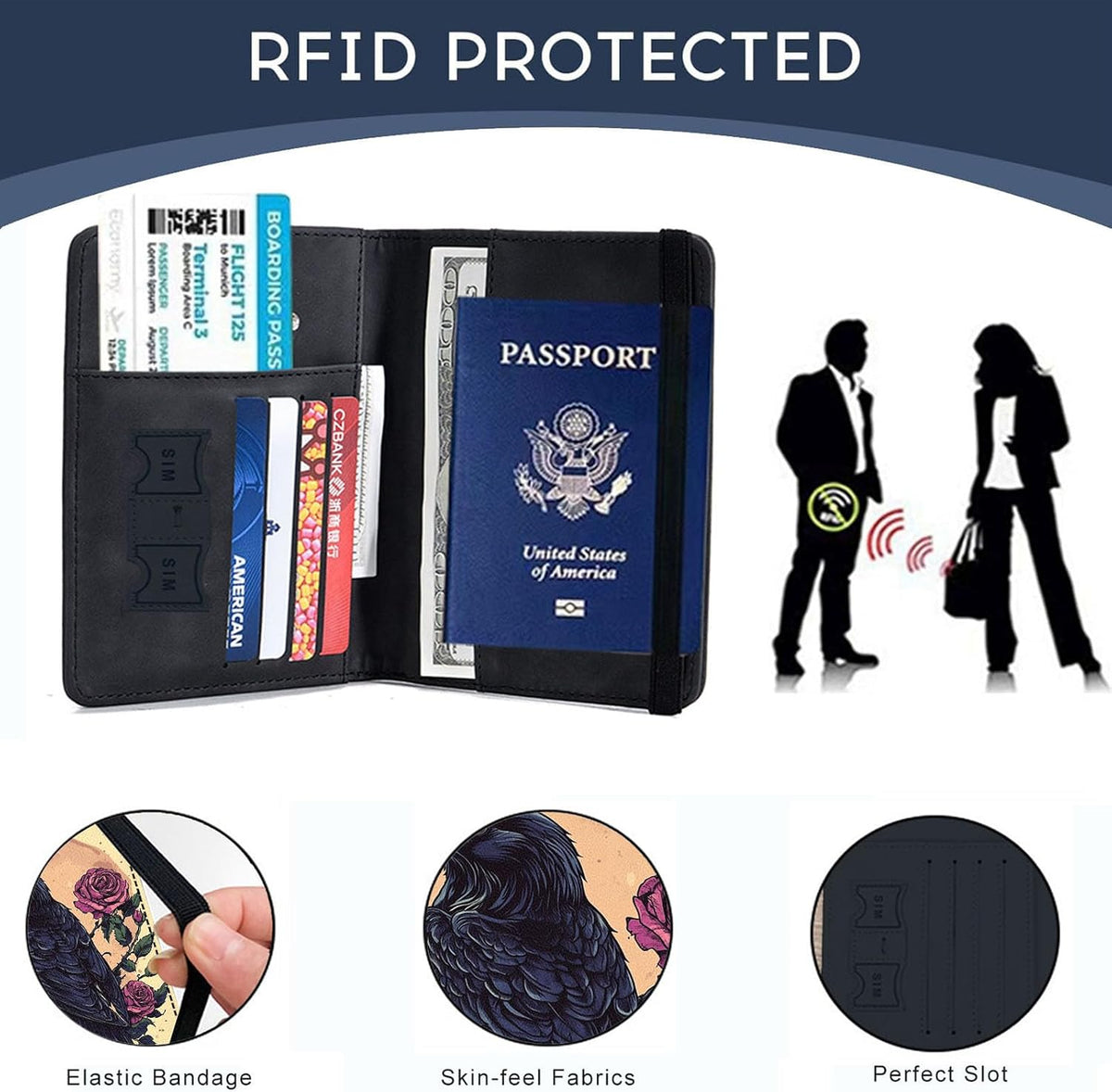 Passport Cover,RFID Blocking,Large Capacity Multi-Slot Travel Passport Wallet for Men & Women - Dark Raven - Colors A