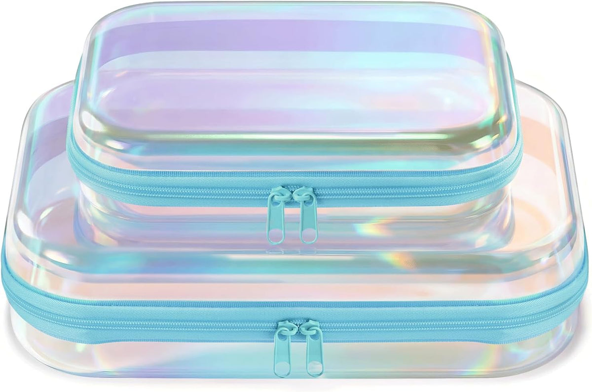 Clear Hard Shell Zipper Case, 2 Pack TSA-Approved Travel Toiletry Bag, Waterproof Cosmetic Bag, CLear Diaper Bag, Hair Tool Organizer, Toy Storage Bin,Travel Makeup Bag & Travel Essential (Pink)
